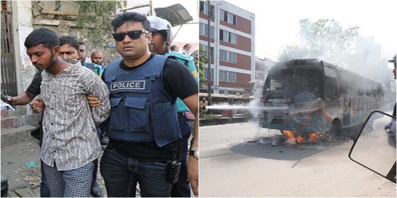 রাজধানীর মুগদায় বাসে আগুন, আটক এক দুর্বৃত্ত