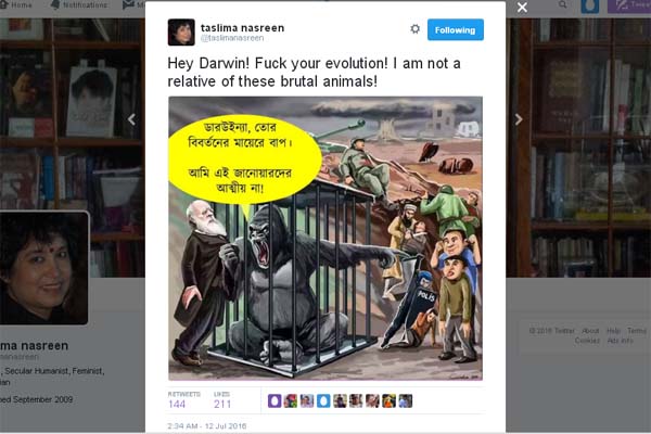 আইএসকে নিয়ে ডারউইনকে 'ব্যঙ্গ' তসলিমার!