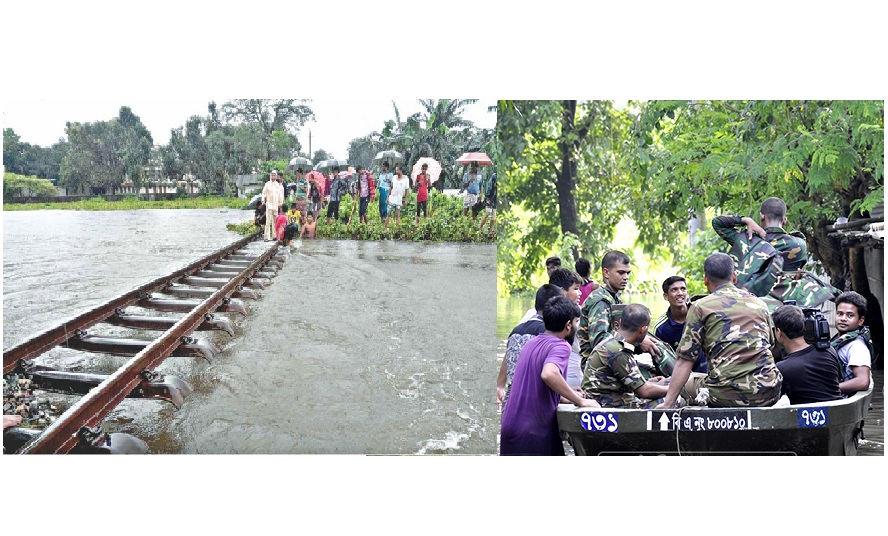 দিনাজপুরে বন্যায় তলিয়ে গেছে রেললাইন, পার্বতীপুর রুটে ট্রেন বন্ধ, উদ্ধারে সেনাবাহিনী
